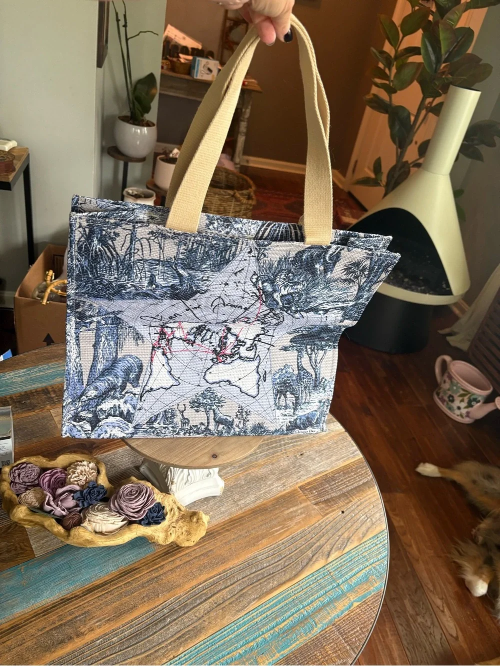 Authentic Dior GWP Toile de Jouy Safari Map Canvas Tote Bag Blue Ivory